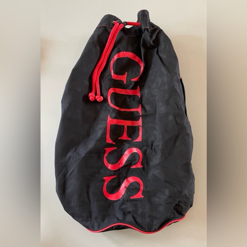 Vintage 90s Guess Marciano Black Red Canvas Drawstring Duffel Sports Bag.
